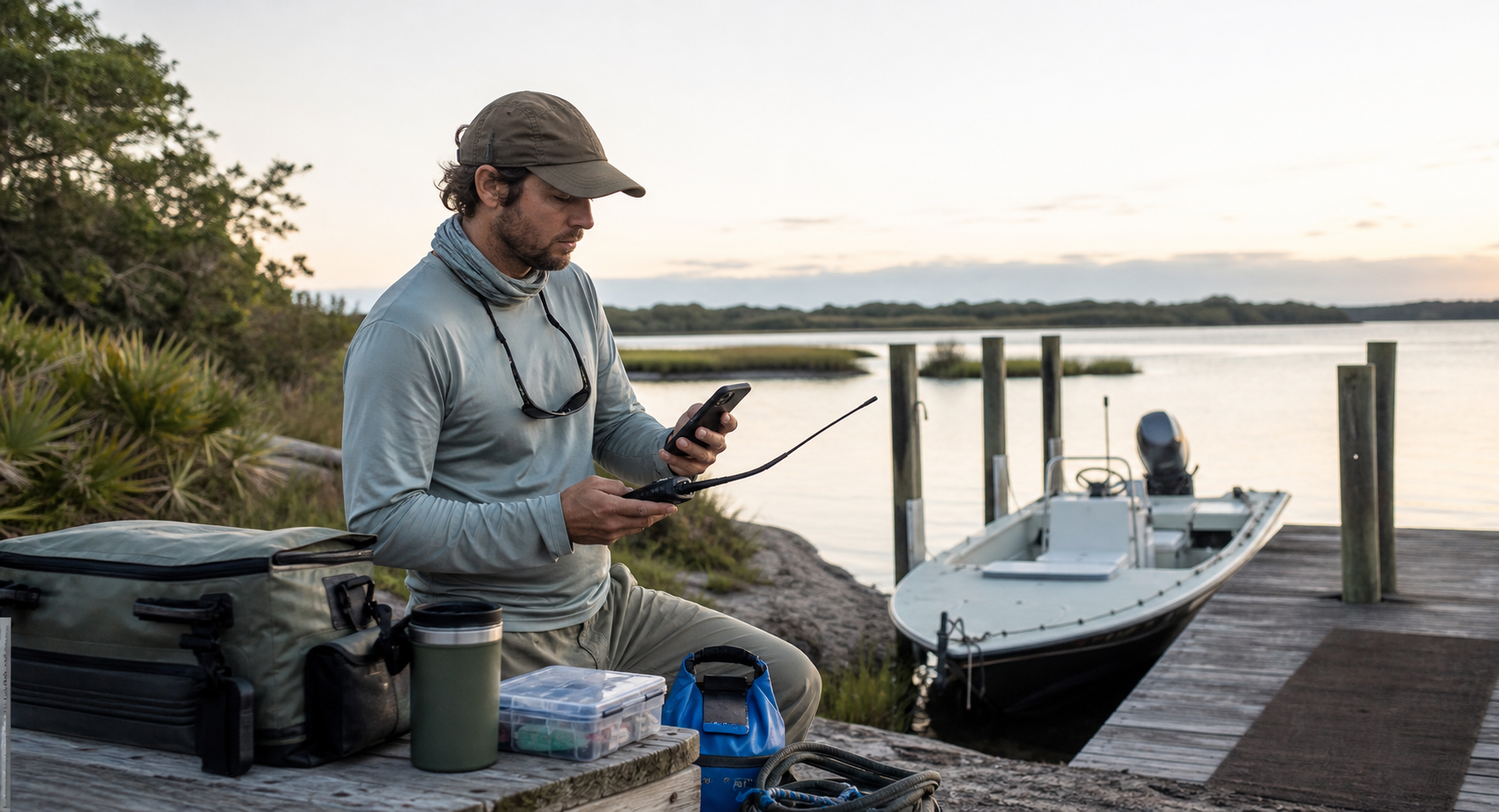An angler at a quiet coastal launch checks a phone reminder separately from a marine weather radio before departure.