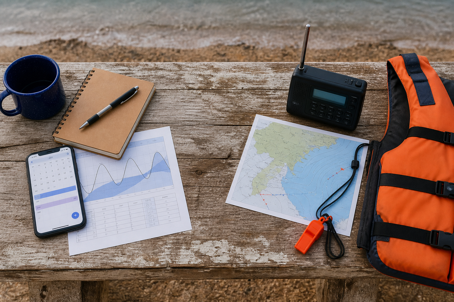Coastal planning tools are arranged separately from official weather and safety equipment on a shoreline table.