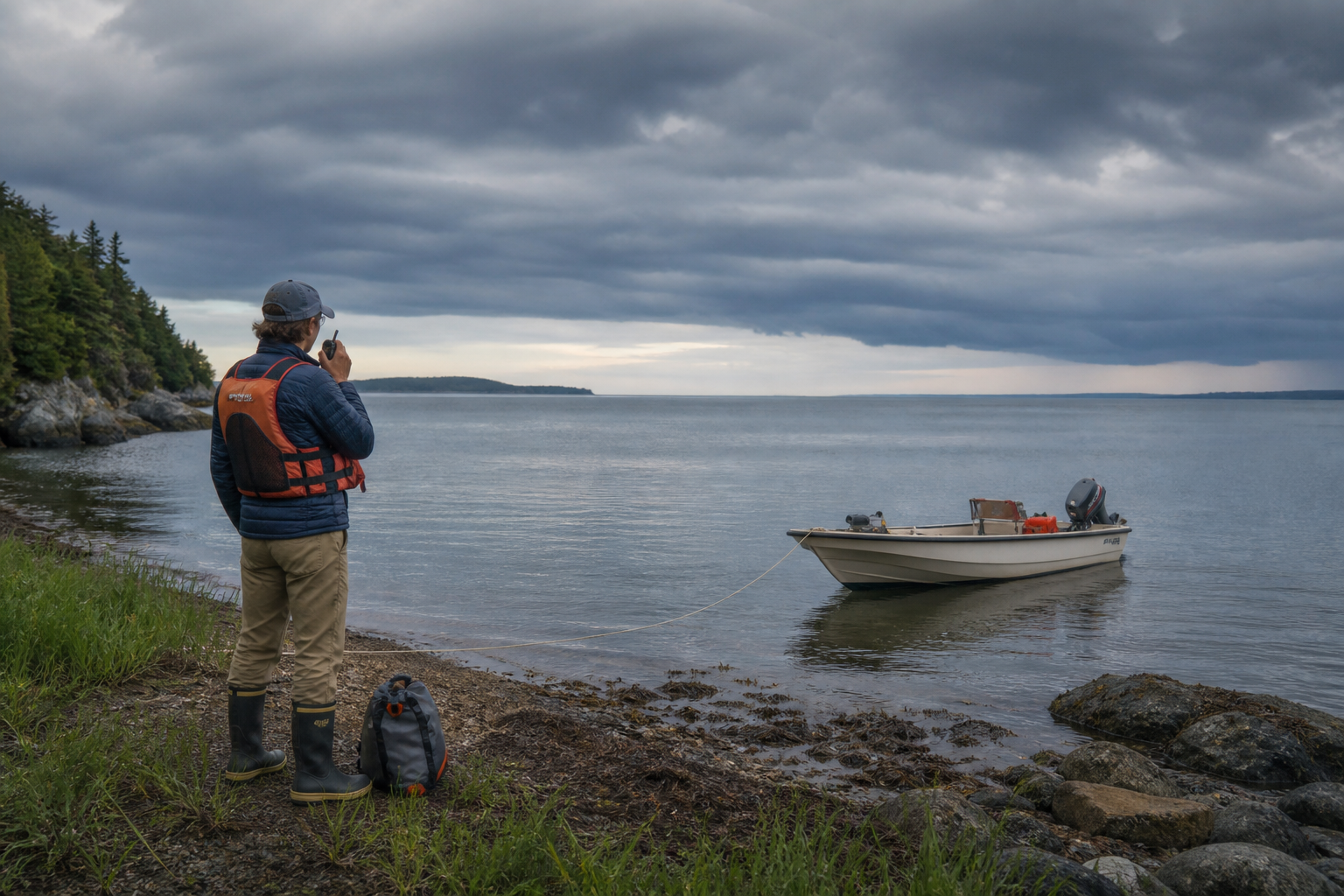 An angler remains safely ashore and checks a marine weather radio while a small boat stays secured under changing skies.
